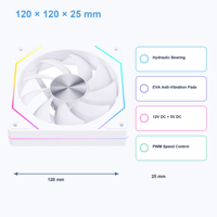 Ventilateur de boîtier PC GK120 ARGB WH 120mm blanc PWM, silencieux 20dBA, synchronisation 5V en chaîne pour PC de jeu, fournisseur OEM en gros