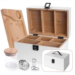 Caixa de madeira branca com alça para carregar, kit bandeja pote e moedor à prova de cheiros divisor removível