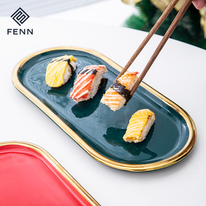 Luxe Golden Edge Ovale Ceram Sushi Dessert <span class=keywords><strong>Assiette</strong></span> Restaurant Coloré Rouge Vert Noël Dîner Plats De Service Ensemble De Plateau En Marbre - Product Image 3