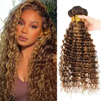 Extensions de cheveux bouclés brésiliens Deep Wave Highlight 4/27, blond miel, marron, tissage double trame, pour une pose parfaite