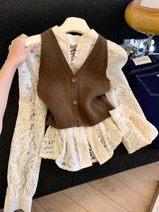 Completo da Donna <span class=keywords><strong>Elegante</strong></span> con Camicia a Maniche Lunghe e Gilet in <span class=keywords><strong>Pizzo</strong></span> Tinta Unita, Nuova Collezione Autunno 2026 - Vendita all'Ingrosso - Product Image 4