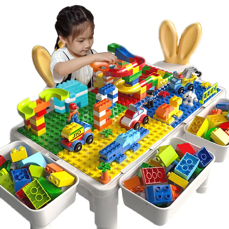 Multi Activity Table Set Large Building Blocks Compatible Bricks Toy Play Table Includes 1 Chair and Building Block with Storage