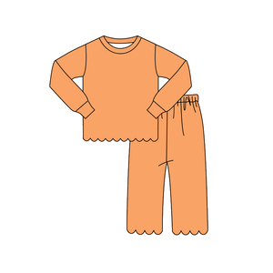 GLP3295 Ensemble personnalisé pour petite fille, orange uni, imprimé, tenues de printemps pour filles, vêtements pour enfants en gros, ensemble festonné pour fille - Product Image 1