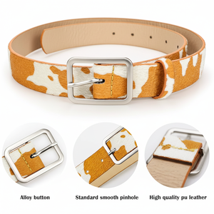 Cinturón occidental de cuero de vaca con diseño cosido Buck al mejor precio Cinturón de pelo de vaca al por mayor - Product Image 1