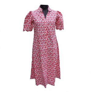 Vestido Midi de Mujer Hecho a Mano, Corte en A, Cintura Natural, Cuello en V, Manga Corta, Algodón, Estampado Digital, Floral, Casual, Dulce - Product Image 1