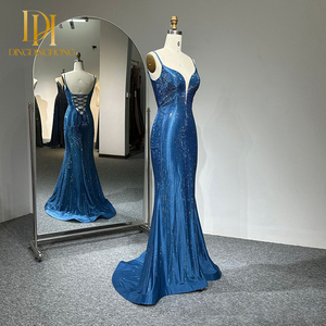 فستان سهرة مللكي أزرق من الساتان مثير مرصع بالألماس الساخن مزين بثوب كرة قصير ذيل صغير بطول الأرضية لحفلة موسيقية عشاء جائزة الطرف المضيف - Product Image 2