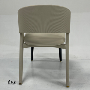 Modern Beige PU Leather Dining <b>Chair</b> Vertical Ribbed <b>Back</b> Gold Accent Upholstered for Restaurant Hotel - Product Image 3