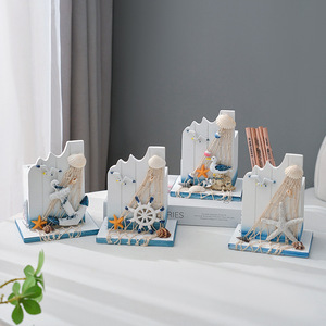 Porte-stylo en bois de style méditerranéen, décoration de bureau sur le thème de l'océan, boîte de rangement de forme carrée, ornement de bureau - Product Image 1