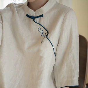 Vintage mới Trung Quốc phong cách sửa đổi sườn xám của phụ nữ cotton-Linen Midi thêu nghệ thuật Retro qipao đồng bằng nhuộm Ăn mặc - Product Image 1