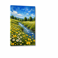Impression sur toile de paysage champêtre printanier avec ruisseau et prairie de fleurs sauvages, décoration murale pour salon et hôtel
