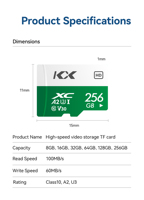 Tarjeta SD TF de Alta Definición con Transferencia de Datos Rápida, Velocidad de Lectura de 100 MB/s, Velocidad de Escritura de 60 MB/s, Compacta para Videocámaras y Cámaras de Coche