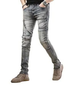 Calça jeans elástica masculina para motocicleta, marca de moda slim fit de alta qualidade, calça jeans versátil e fina para pés pequenos
