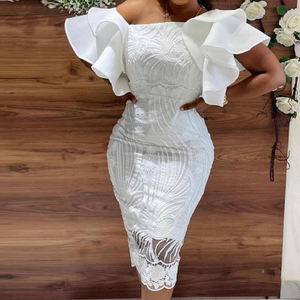 X7005 Nouvelle Robe de Soirée <span class=keywords><strong>Chic</strong></span> en Dentelle à Épaule Unique et Manches Volants pour <span class=keywords><strong>Femme</strong></span>, Couleur Unie, Décontractée, Été, Blanche - Product Image 2