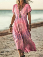 Robe longue chic d'été pour femme, grande taille, imprimé tie-dye, col en V, pour la plage, à porter par-dessus un maillot de bain