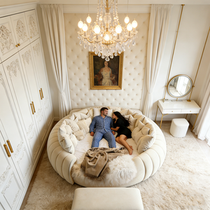 <span class=keywords><strong>Cama</strong></span> Redonda <span class=keywords><strong>de</strong></span> Lujo Moderna Italiana, Estilo Puff Crema Suave, Tamaño King, Muebles Tapizados para Dormitorio Principal, Hotel, Estilo Princesa - Product Image 3