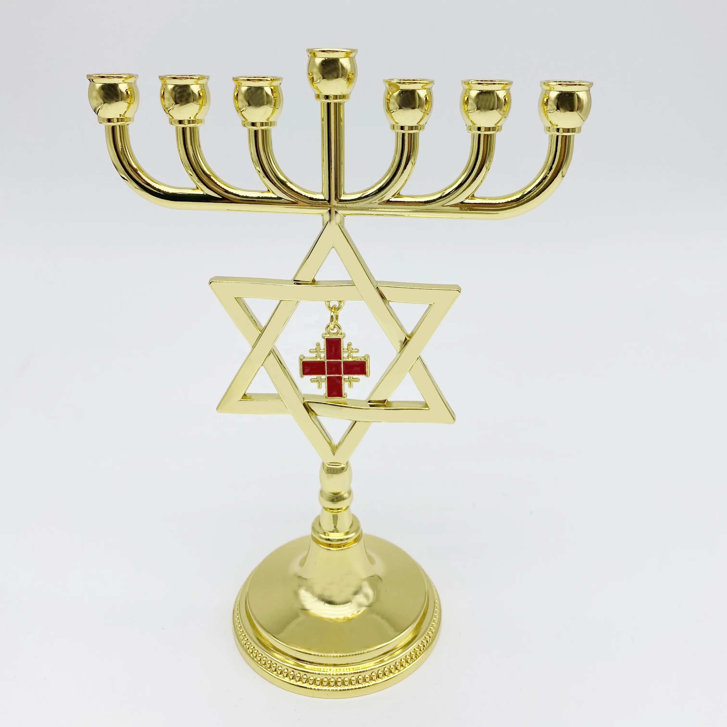 Gold Judaica Star of David Menorah with Jerusalem Cross Charm