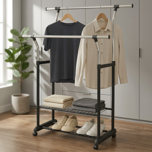 Dual-Layer Extendable Durable Clothes <b>Rack</b> with Rolling Storage Two Wire <b>Shelves</b> Space-Saving Organizer for Home Laundry - Product Image 3