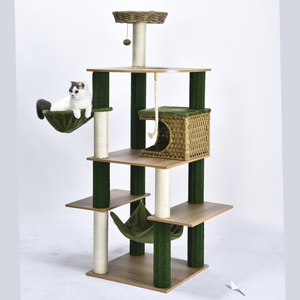 En gros Arbre à chat 168 cm multi-niveaux en bois avec niche en osier, poteaux à gratter en sisal et hamac en peluche OEM ODM - Product Image 3