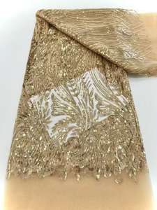 Tissu de dentelle française avec perles de paillettes brodées à la main maille de Style uni avec motif brodé tissu de dentelle en gros - Product Image 3