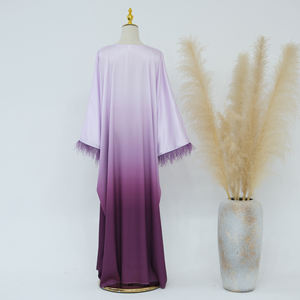 Vente chaude manches chauve-souris grande taille femmes robes Satin moyen-orient arabe musulman Ombre dégradé plume élégante robe caftan - Product Image 5