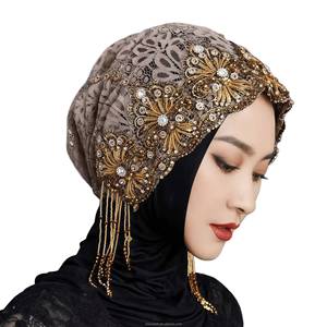 Wholesale YASEEN brand Muslim Malaysian style handmade beaded lace headscarf hat scarf breathable nylon cotton four-piece set - Product Image 3