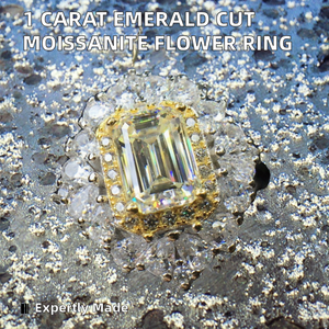 <b>Silver</b> 925 Original 1 Carat Brilliant <b>Emerald</b> Cut Platinum Plated Prong Set Moissanite Flower <b>Ring</b> Wedding Fine Jewelry - Product Image 2