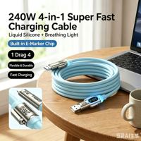 Câble de charge rapide en silicone 4-en-1 USB-C vers USB-C et 8 broches avec affichage numérique 240W pour téléphone, tablette, ordinateur portable (OEM)
