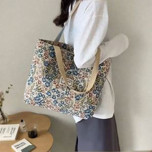 Vintage Floral Print <b>Canvas</b> <b>Tote</b> Bag Large Capacity Eco-friendly Reusable Shoulder Bag for Women Shopping & Daily Use - Product Image 3
