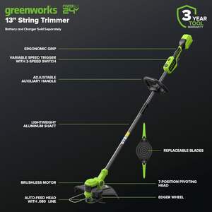 Greenworks 24V 13\" Brushless Cordless String Trimmer/<strong>Weed</strong> <strong>Wacker</strong> + Edger Includes 20 Blades Industrial Electric Green - Product Image 1