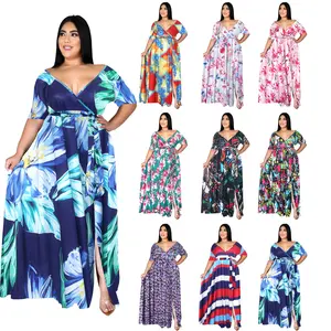 Hoge Kwaliteit Plus Size Vrouwen Party Jurk Diepe Sexy V Print Korte Mouw Bohemian Jurk Voor Vrouwen