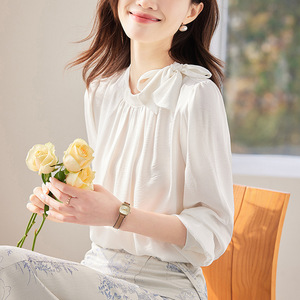 Springtime Bow Tie Blouse Women Long Sleeve Satin Solid Color Work Shirt Orange <b>White</b> - Product Image 2