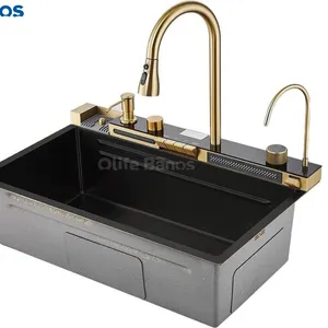 Tiktok xu hướng Vàng tap bồn rửa màu đen Nano SUS 304 tự động Cốc máy giặt Đàn Piano hiển thị kỹ thuật số hai thác nước Vòi bồn rửa nhà bếp