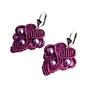 Purple Flower Shape Macrame Drop Earrings With Freshwater Pearl Beads 925 Silver Vintage Style Women's Jewelry - Product Image 1
