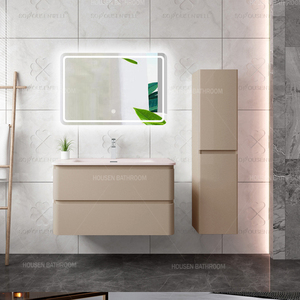 Meuble-lavabo mural de salle de bain de luxe en PVC et contreplaqué moderne, avec éclairage LED, miroir intelligent et vasque, design incurvé, pour hôtels - Product Image 2