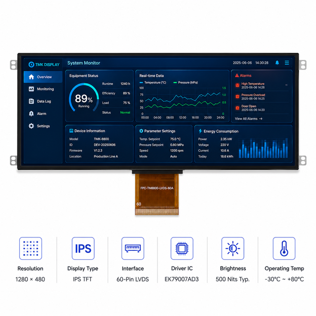 TMK 8.8" 1280*480 Stretched Bar IPS TFT LCD Module White LED Backlight 60-Pin LVDS EK79007AD3 Ultra-Wide Display for Embedded