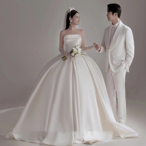 French Strapless Light Wedding Dress Natural Waistline Satin Train Elegant Simple White Gown For Petite Brides - Product Image 2