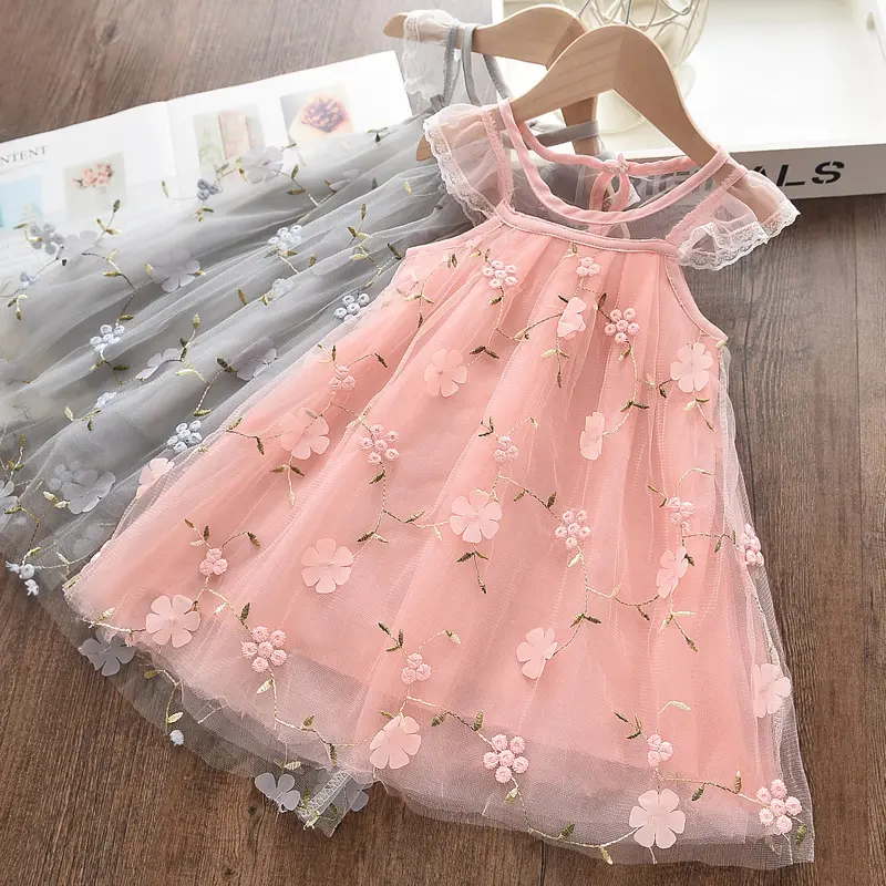 2022 Girls Pink Sweet Sleeveless Embroidered Flower Lace Mesh Princess Dress For Summer 2-6Y KIds