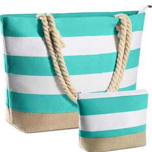 กระเป๋าชายหาดลายทางขนาดใหญ่พร้อมซิปปิด ผลิตจากโพลีเอสเตอร์ ชุดกระเป๋าช้อปปิ้งสะพายไหล่ - Product Image 1