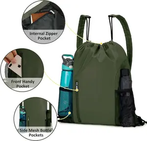 2023 Fábrica Resistente Mochila Cordão com Shoulder Pad String Bag Viagem Esporte Workout Praia Cinch Sack (Verde)