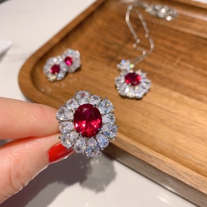 Fashion Eco-friendly Copper 10*12mm Red Cubic Zirconia Floral Pendant <b>Earring</b> Ring <b>Set</b> Elegantes Ladies Jewellery <b>Set</b> - Product Image 3