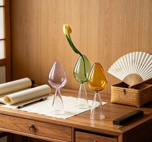 Vaso <span class=keywords><strong>Moderno</strong></span> Personalizzato a Goccia in Vetro Colorato, Stile Calice Alto, Porta Fiori per Soggiorno e Decorazione da Tavolo - Product Image 4
