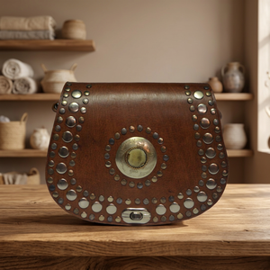 BiyaDNA Store-Sac à main élégant en cuir de veau marron en forme de selle, motif de pierre, plaque d'or, accessoire de voyage vintage haut de gamme - Product Image 3