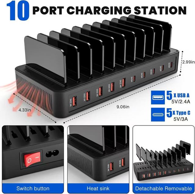 60W 10-port Multi-port Charger with PD/QC Fast Charging, USB-C Smart Desktop Storage Charging Head with Stand