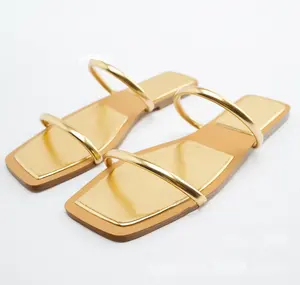Sapato feminino dourado de praia, sandálias femininas de verão, slip, calçados de cabeça quadrado e logotipo personalizado