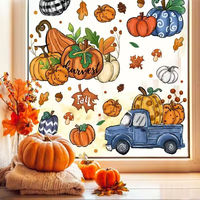 Autocollants statiques double face pour fenêtre, motif récolte d'automne, citrouille, feuille d'érable, camion bleu, pour décoration de maison et vitres de Thanksgiving