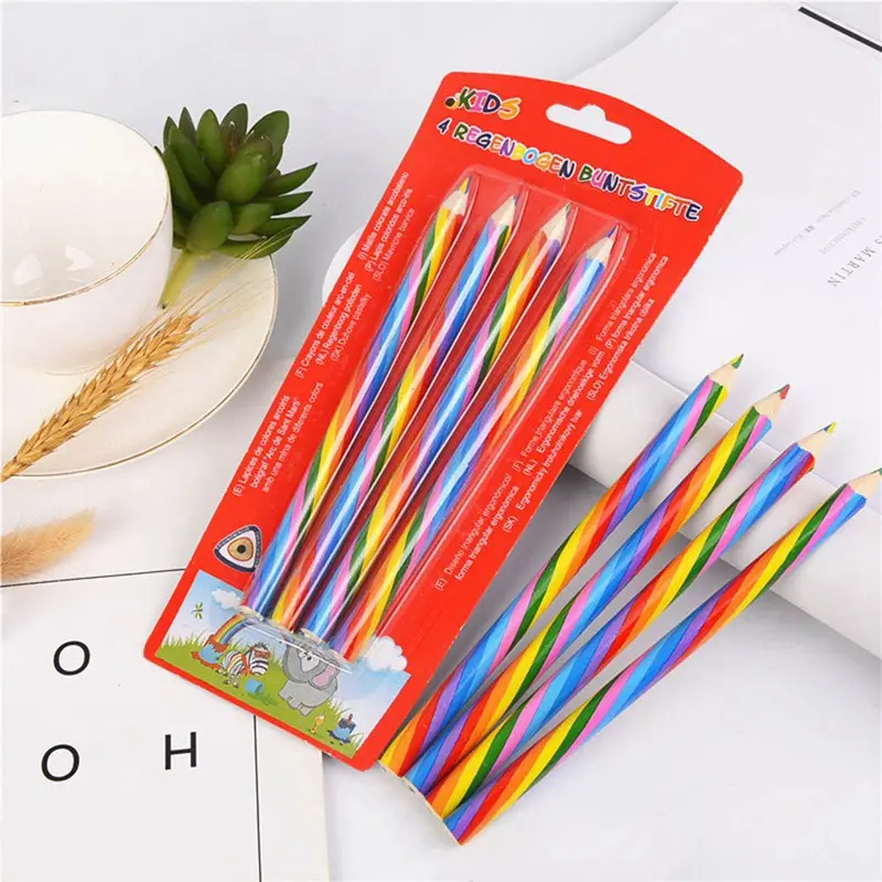 للبيع بالجملة من المصنع أقلام تلوين خشبية كبيرة 4 ألوان متعددة ألوان رصاص سداسي ألوان قوس قزح طبيعية