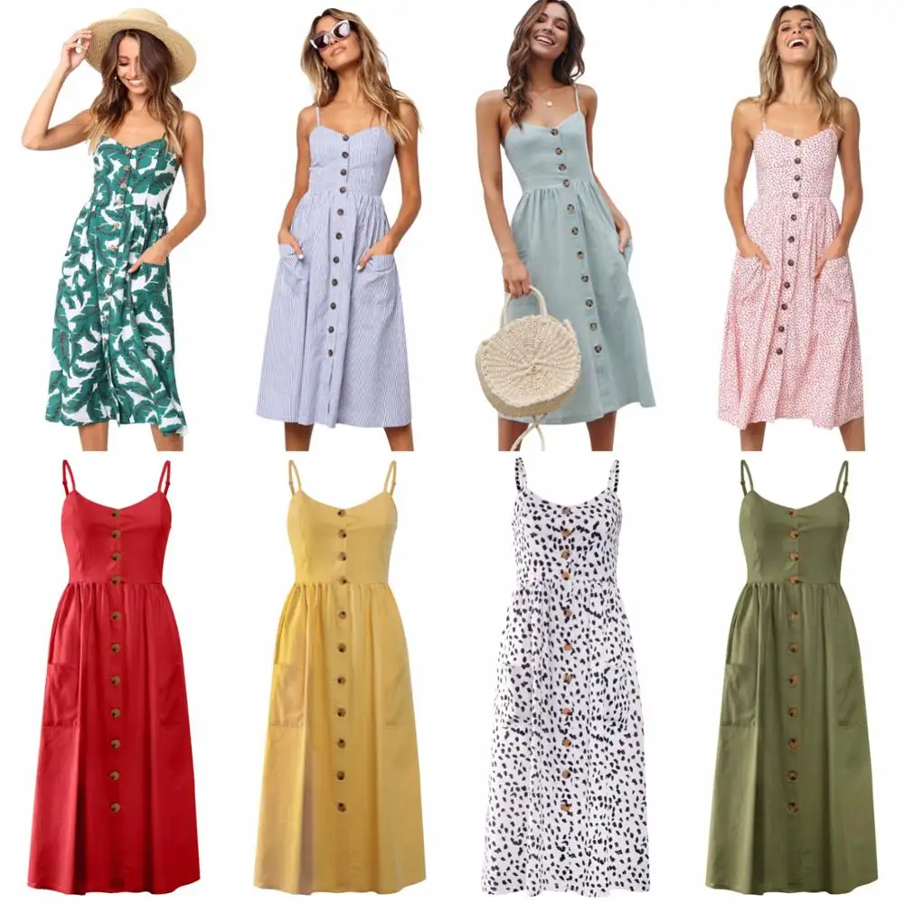 Prered Women's Dresses-Summer Floral Bohemian Spaghetti Strap Button Down Swing Midi Dress with Pockets