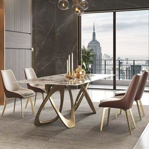 <span class=keywords><strong>Table</strong></span> à manger complète de luxe moderne haut de gamme avec plateau en pierre frittée et base en acier inoxydable, 6 chaises, rectangulaire, mobilier de maison et d'atelier - Product Image 5