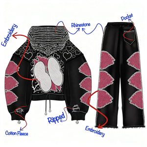 Fabricante de chándal de diamantes de imitación personalizados Imprimir Jogger suelto Sudadera con capucha y pantalones de chándal Hombres Conjunto de dos piezas Chándal - Product Image 2