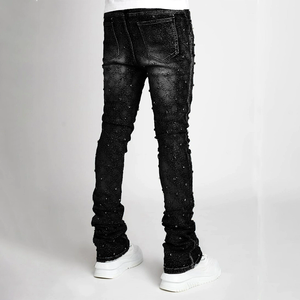 Jeans en denim stretch slim fit pour hommes avec clous en diamant, mode streetwear pour hommes - Product Image 3